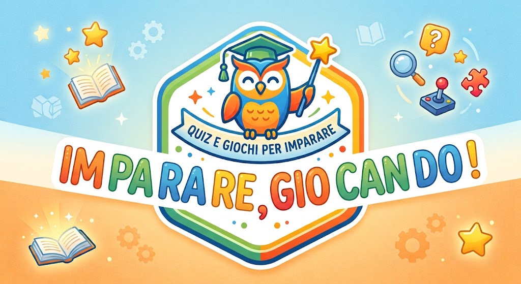 ImparareGiocando – quiz e giochi per imparare. Un gufo con il cappello da laureato e la bacchetta magica, circondato da libri, stelle, lente d'ingrandimento e joystick